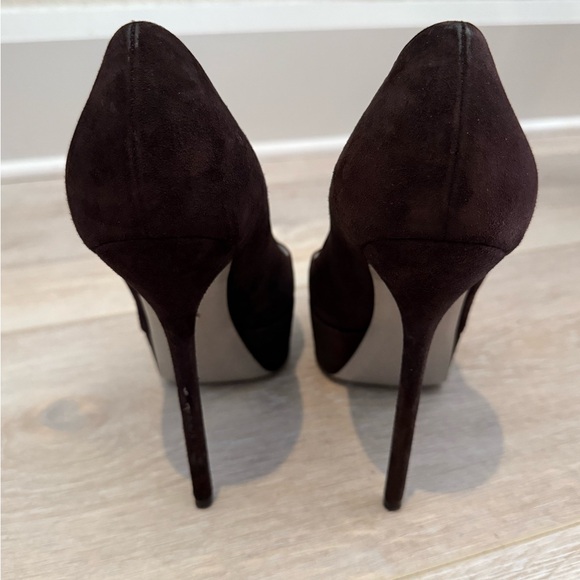 $845 SERGIO ROSSI Dark Chocolate Brown Suede Peep Toe Platform Heels Pumps 39.5 - Picture 6 of 14